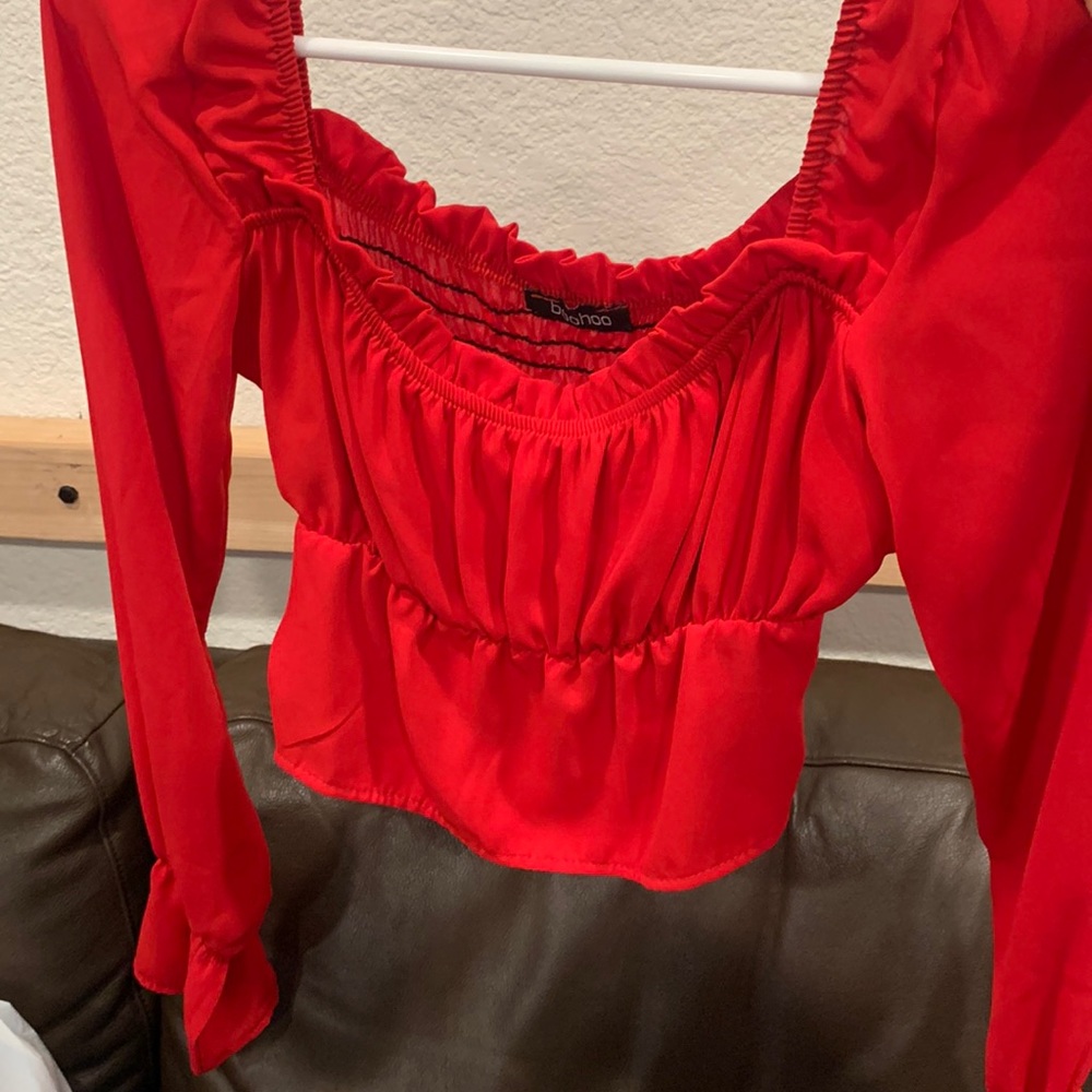 Red peasant blouse crop top